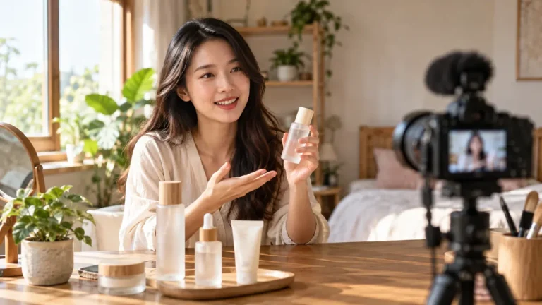 Ảnh AI minh họa trình bày sản phẩm mỹ phẩm trước máy quay