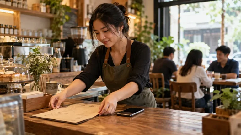Ảnh AI minh họa chuẩn bị menu tại quán cà phê