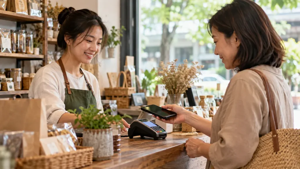 Ảnh AI minh họa thanh toán không tiền mặt tại cửa hàng