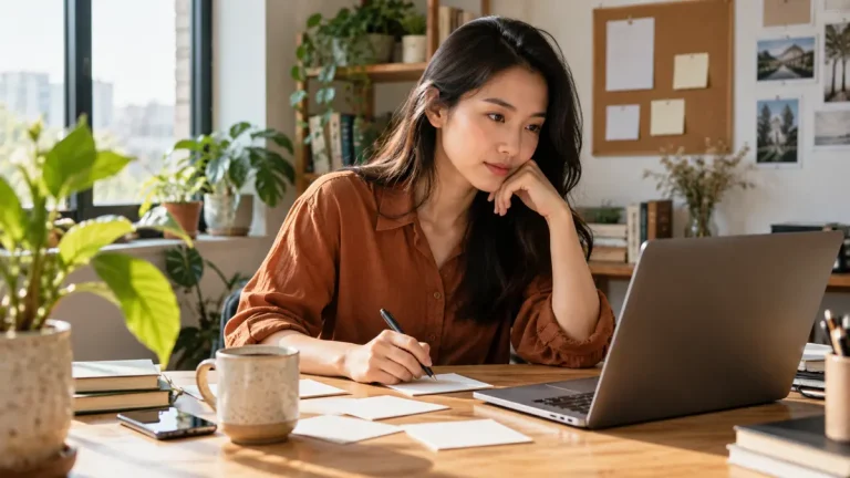 Ảnh AI minh họa người làm nội dung ghi chép bên máy tính